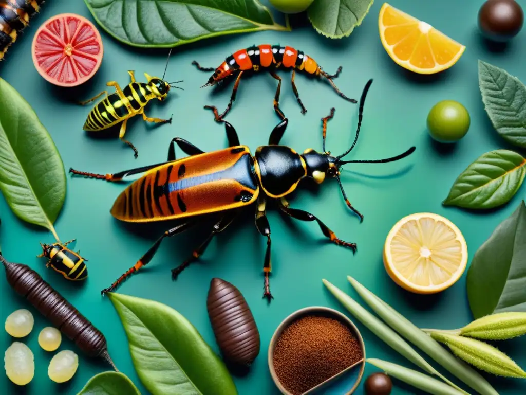 Exóticos insectos rechazan alimentos peligrosos en terrario detallado Escena detallada de alimentación para insectos exóticos en terrario, con reacciones variadas a alimentos nocivos como chocolate y frutas cítricas