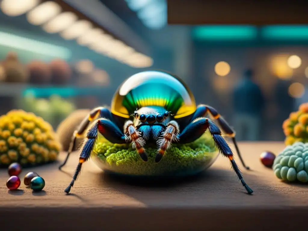 Escena detallada de mercado negro arácnidos mascotas exóticas en penumbra, terrarios iluminados, sombras dramáticas