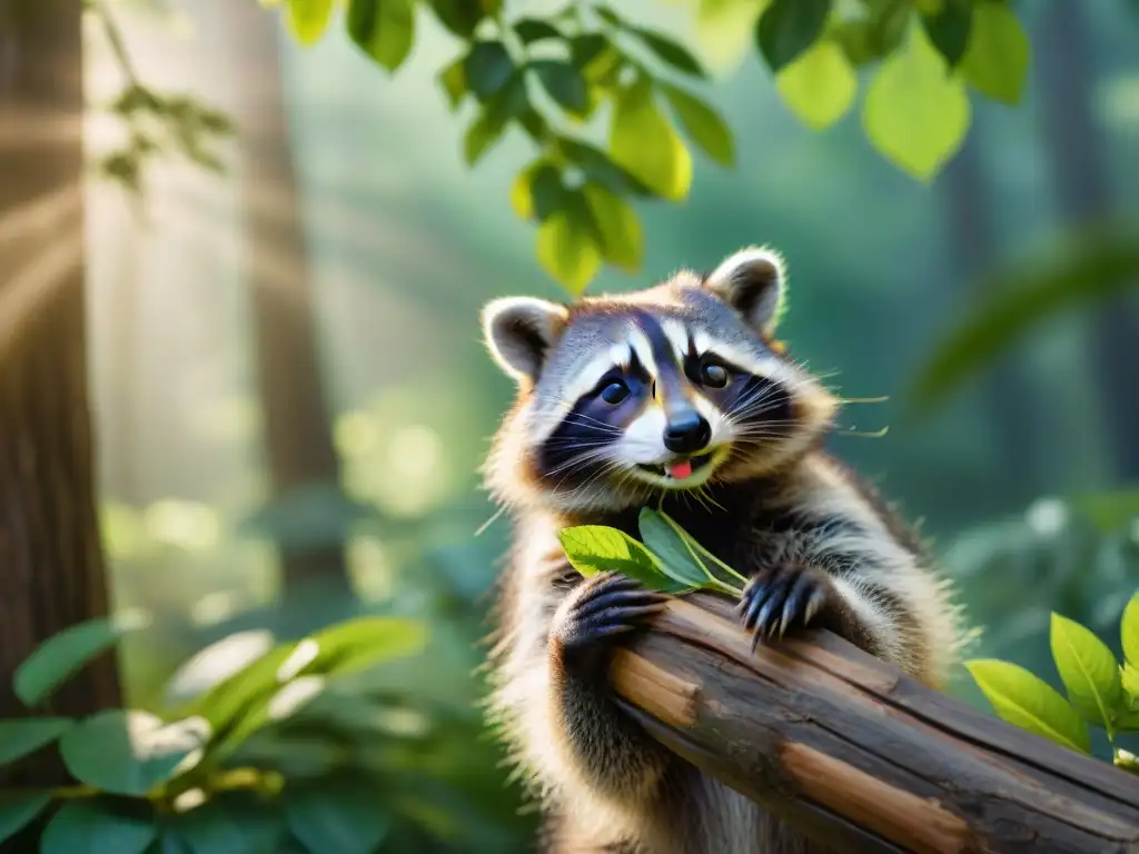 Escena emocional de cuidado y compañerismo entre persona y mapache mascota exótica en un bosque