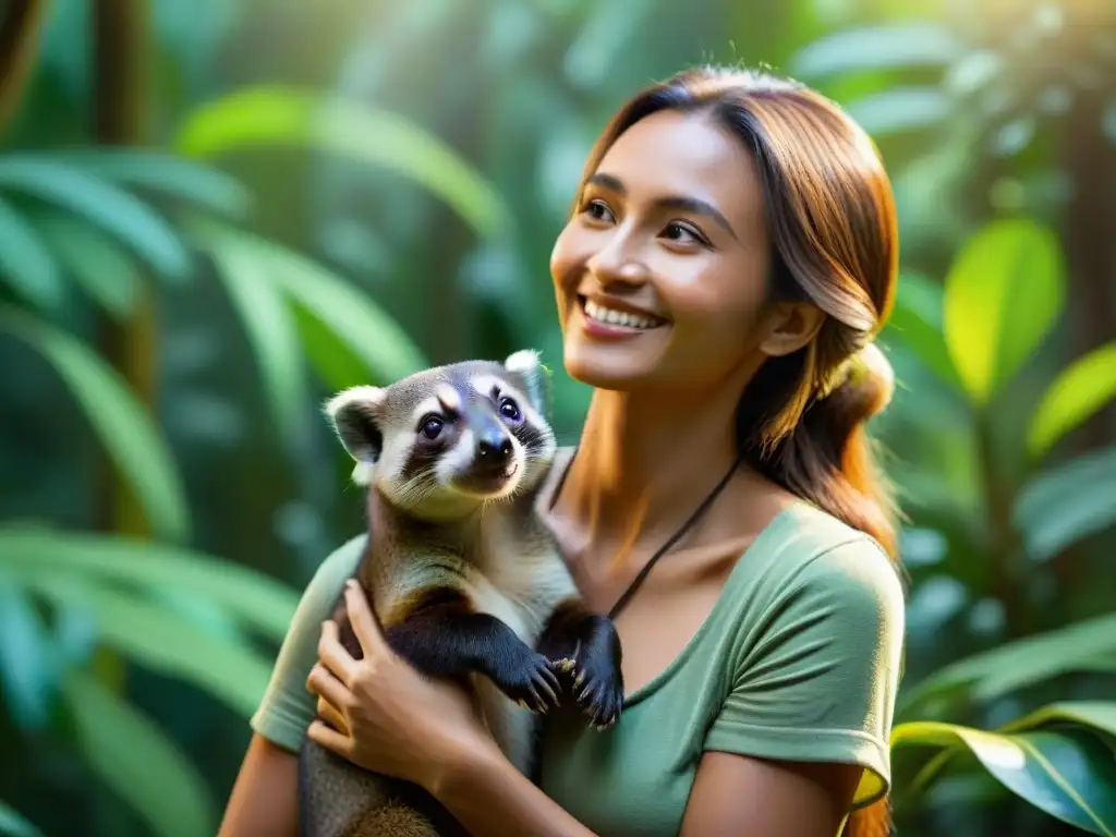 Amor y conexión: Mujer sonriente con coatí en la selva tropical Una escena emotiva en la selva tropical: una mujer sonriente acaricia a un coatí juguetón en su hombro