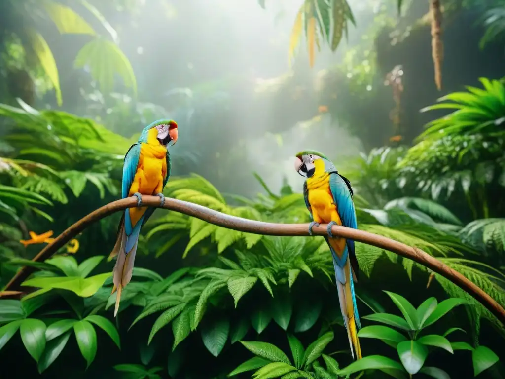 Una escena exótica de la jungla con mascotas vibrantes coexistiendo pacíficamente