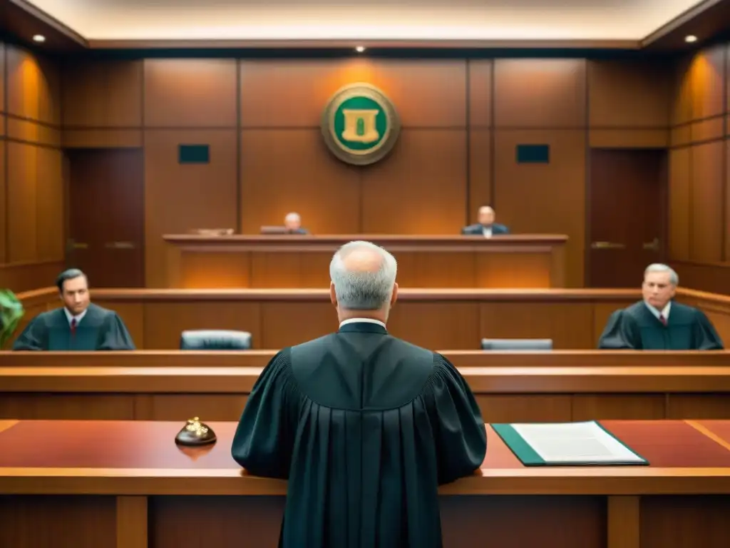 Escena judicial con juez, abogados, dueños y mascotas exóticas en un caso de leyes mascotas exóticas país