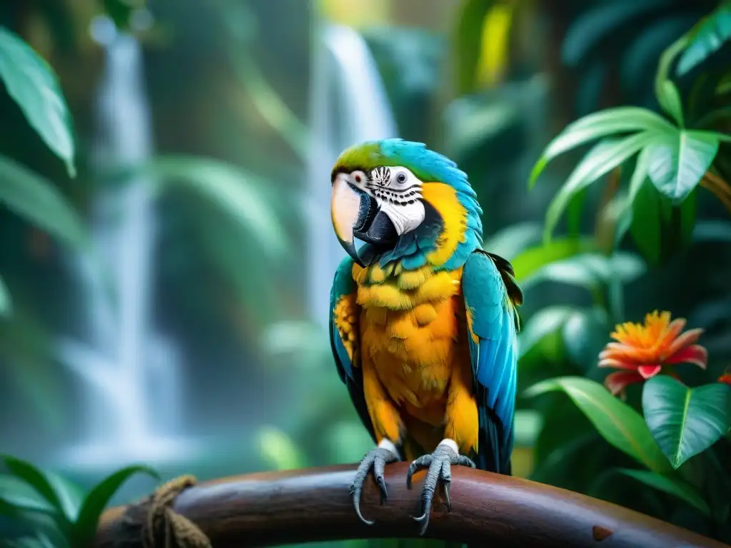 Una escena mágica en la jungla con una persona y su mascota exótica, un guacamayo arcoíris
