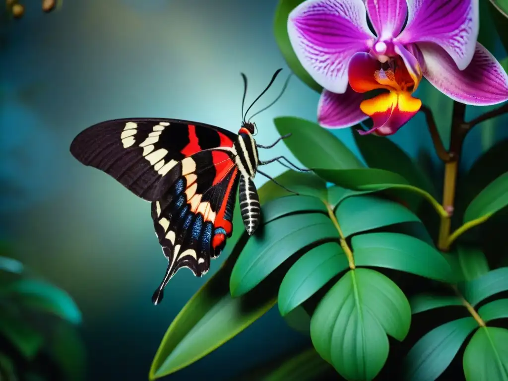 Misterioso bosque tropical nocturno con mariposa exótica Escena mágica de polilla exótica descansando en orquídea, en la selva tropical iluminada por la luna
