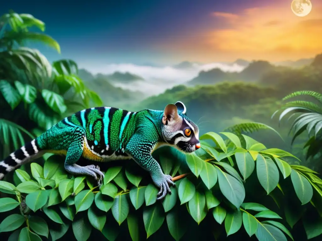 Sueño tranquilo en la jungla: chameleon, pantera, lemur y loro Una escena nocturna serena en la jungla, con animales exóticos durmiendo bajo las estrellas