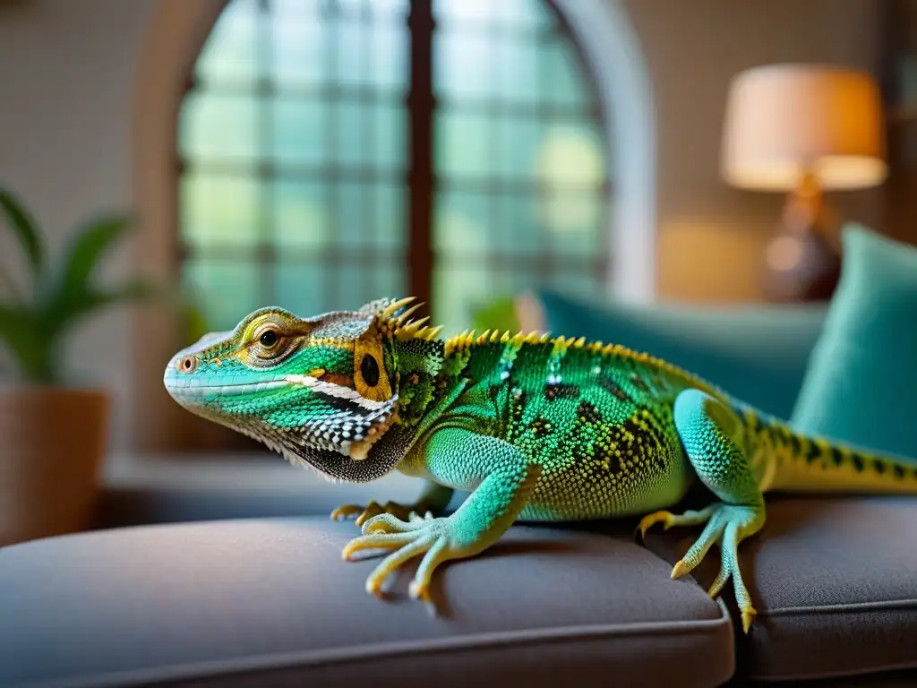 Terapia de Reptiles: Conexión Serena en Salón Acogedor Una escena serena y terapéutica en una sala acogedora, con una persona acariciando a un lagarto