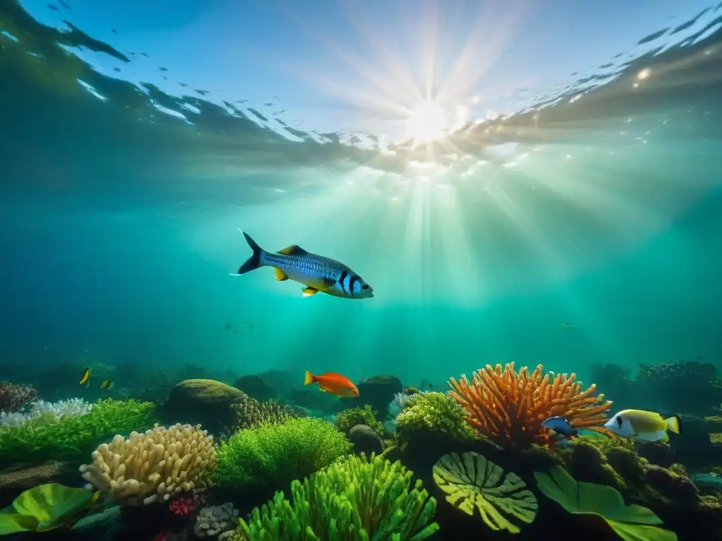 Maravillosa biodiversidad: escena submarina en el río Amazonas Escena submarina vibrante en el río Amazonas con peces agua dulce exóticos entre plantas y corales coloridos