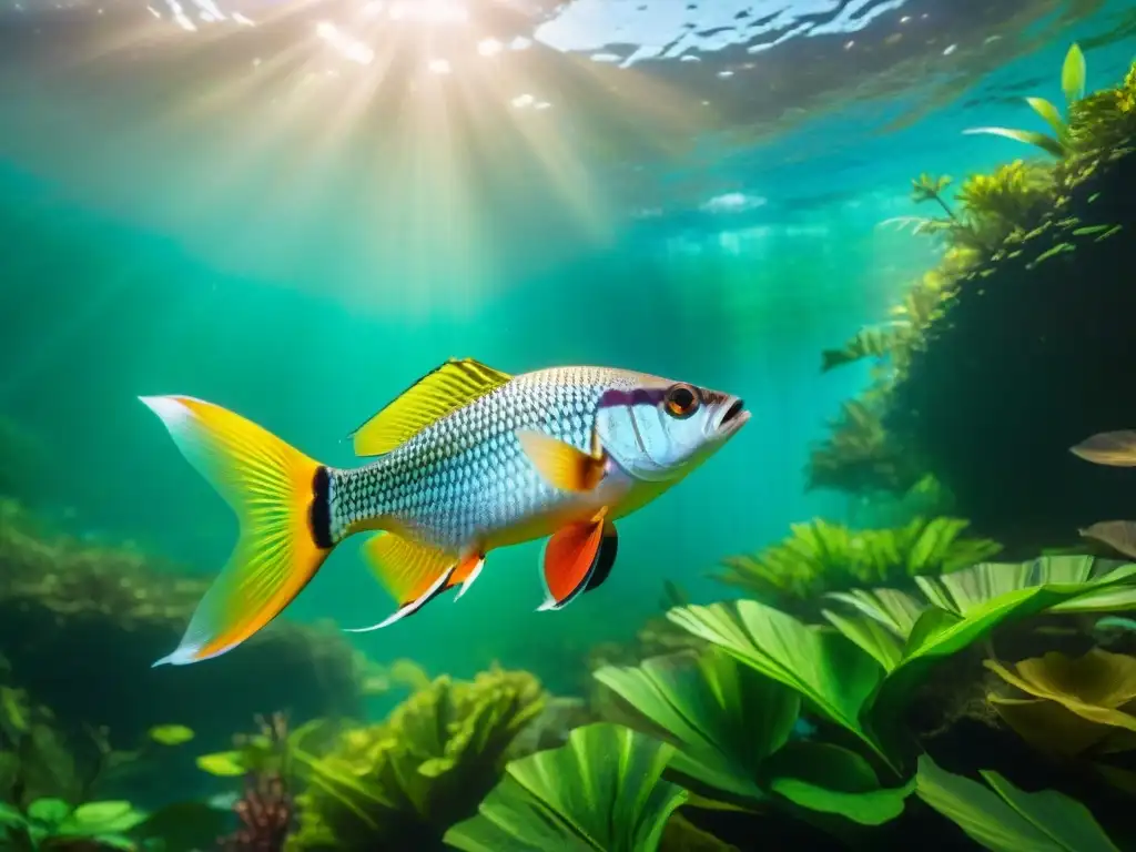 Espléndida escena submarina en la Amazonía: peces exóticos y biodiversidad Una escena submarina vibrante en la selva amazónica, mostrando peces de agua dulce exóticos en su hábitat natural