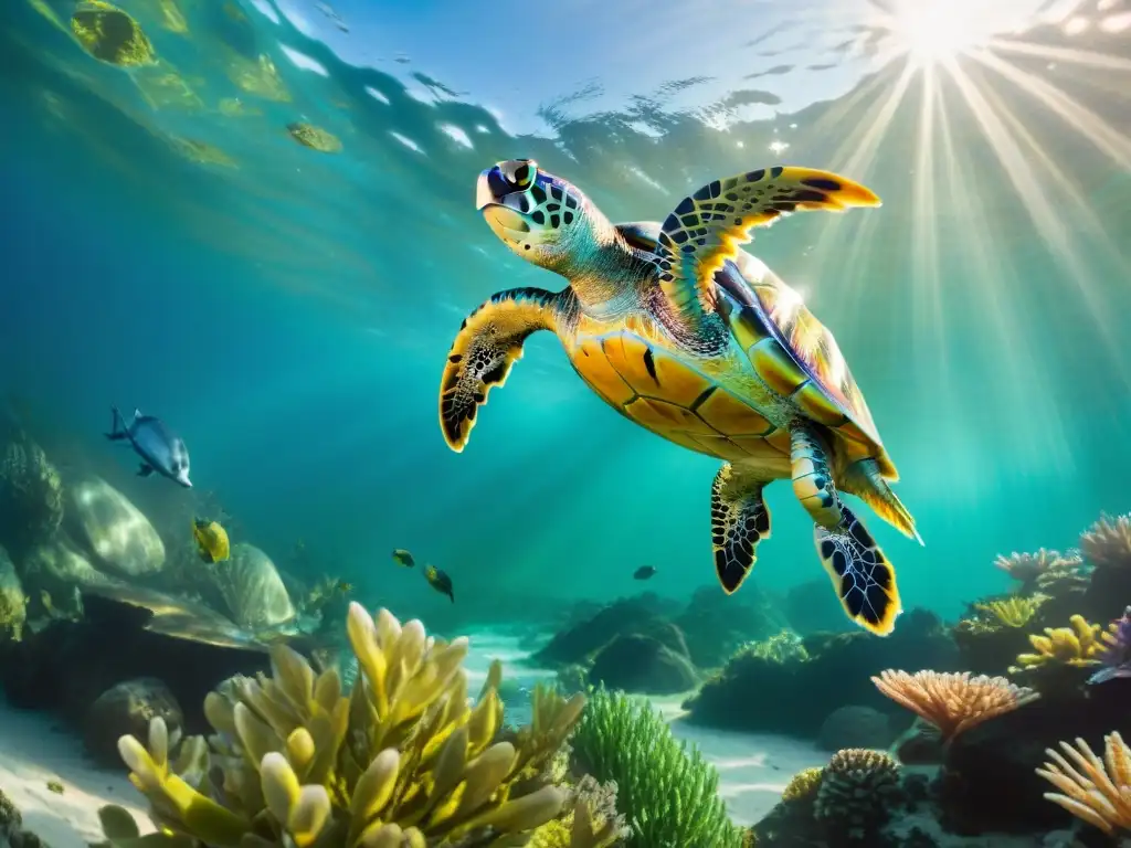 Escena submarina: Tortugas exóticas nadando entre plantas acuáticas Una escena submarina vibrante con tortugas exóticas de colores, nadando entre plantas acuáticas exuberantes bajo la luz del sol