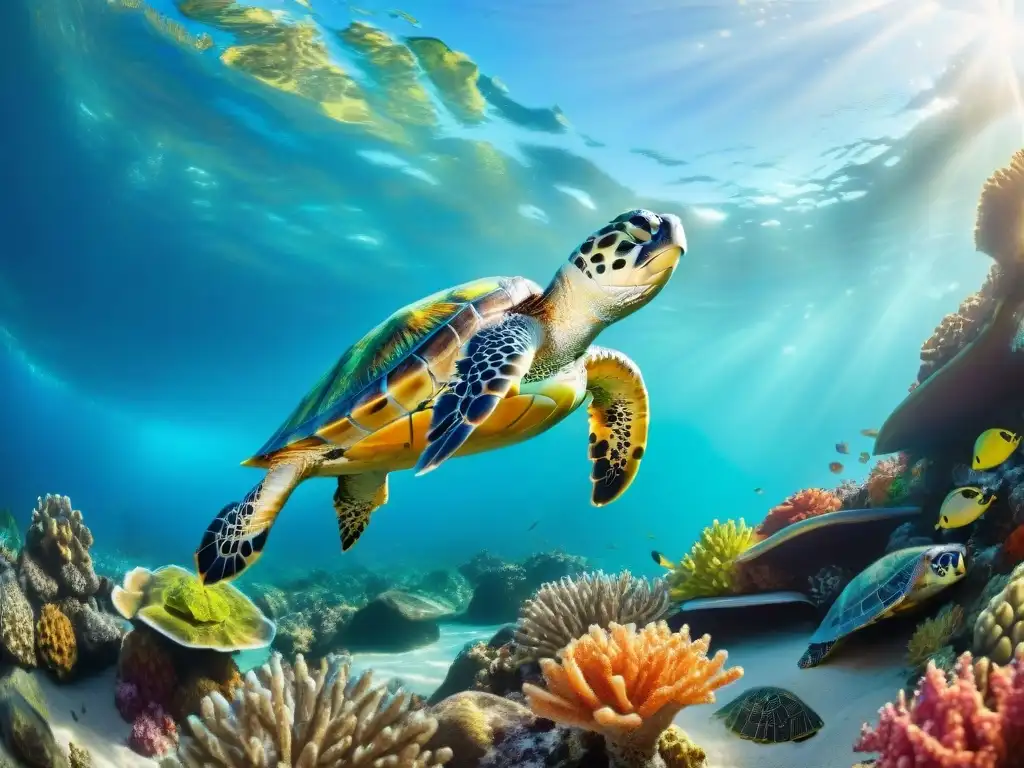 Escena submarina vibrante con tortugas y corales exóticos Escena submarina vibrante con tortugas exóticas, coral colorido y peces tropicales