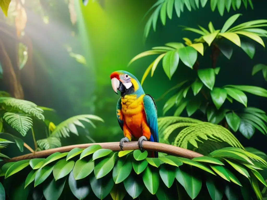 Una escena vibrante de la jungla tropical con mascotas exóticas como loros y monos juguetones, en su hábitat natural