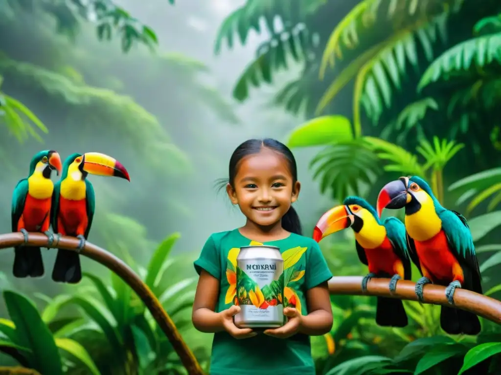 Escena vibrante: niños juegan con tucanes en la selva Escena vibrante en la selva: niños felices juegan con tucanes