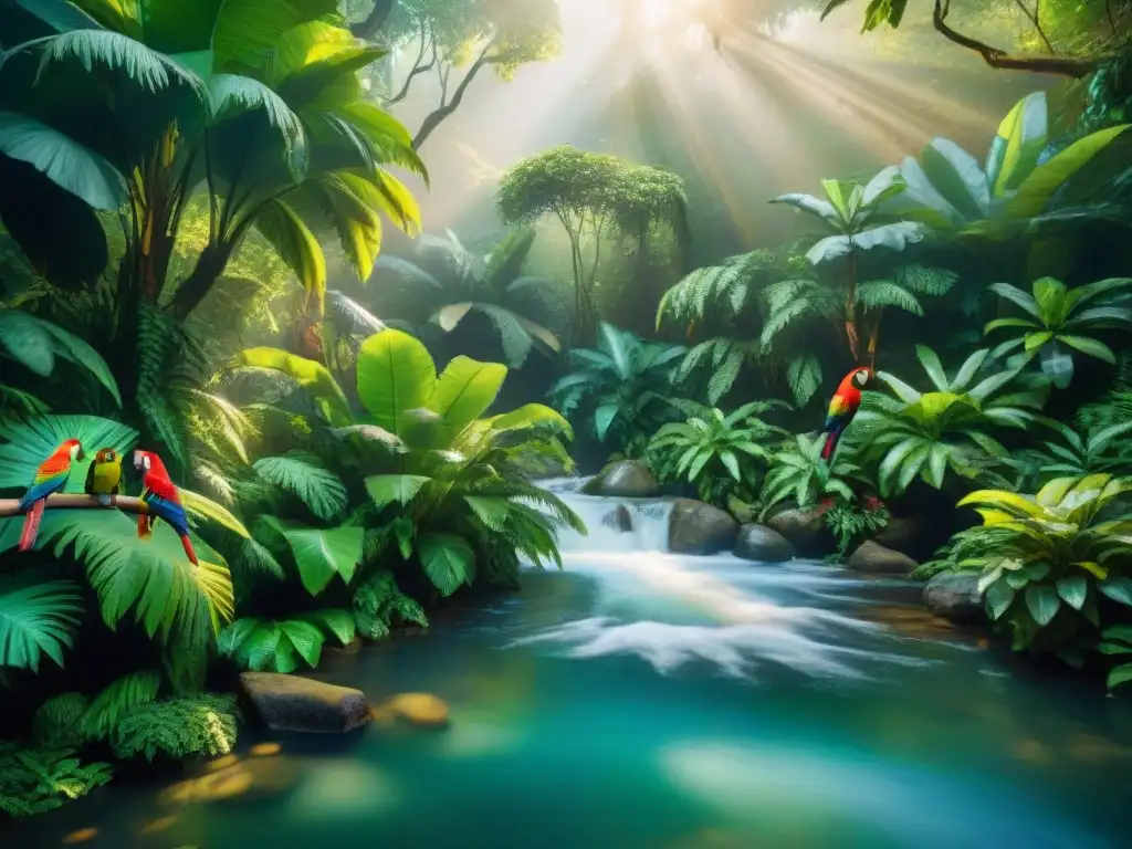 Escena vívida de jungla con animales exóticos y armoniosa luz natural