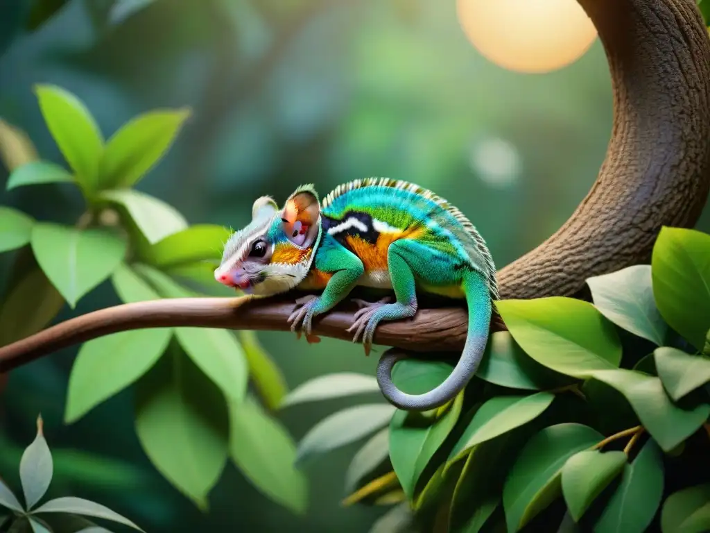Armonía de mascotas exóticas durmiendo en la jungla Un escenario mágico en la selva, donde mascotas exóticas duermen plácidamente