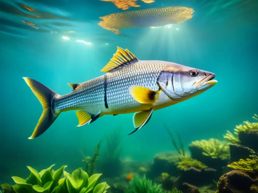 Escena prehistórica acuática: peces antiguos en detallada imagen Un escenario prehistórico submarino con peces de agua dulce antiguos entre plantas acuáticas y troncos hundidos, iluminados por rayos de sol