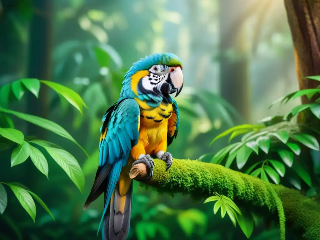 Un escenario selvático vibrante con animales exóticos en armonía bajo un dosel tropical