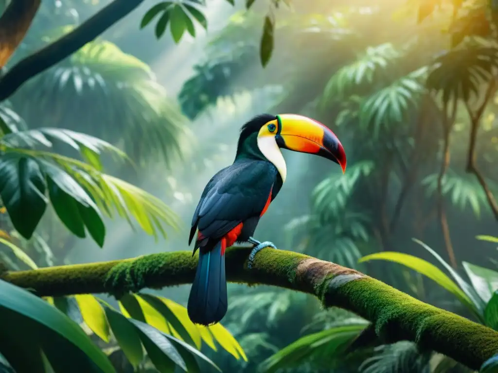 Un escenario sereno de la jungla con animales exóticos en armonía, como un tucán, una pantera, monos y un jaguar majestuoso