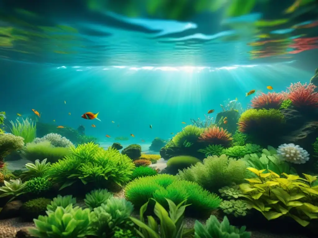 Acuario vibrante: escena submarina ultrarrealista Un escenario submarino vibrante en un acuario saludable, donde peces exóticos nadan entre plantas verdes