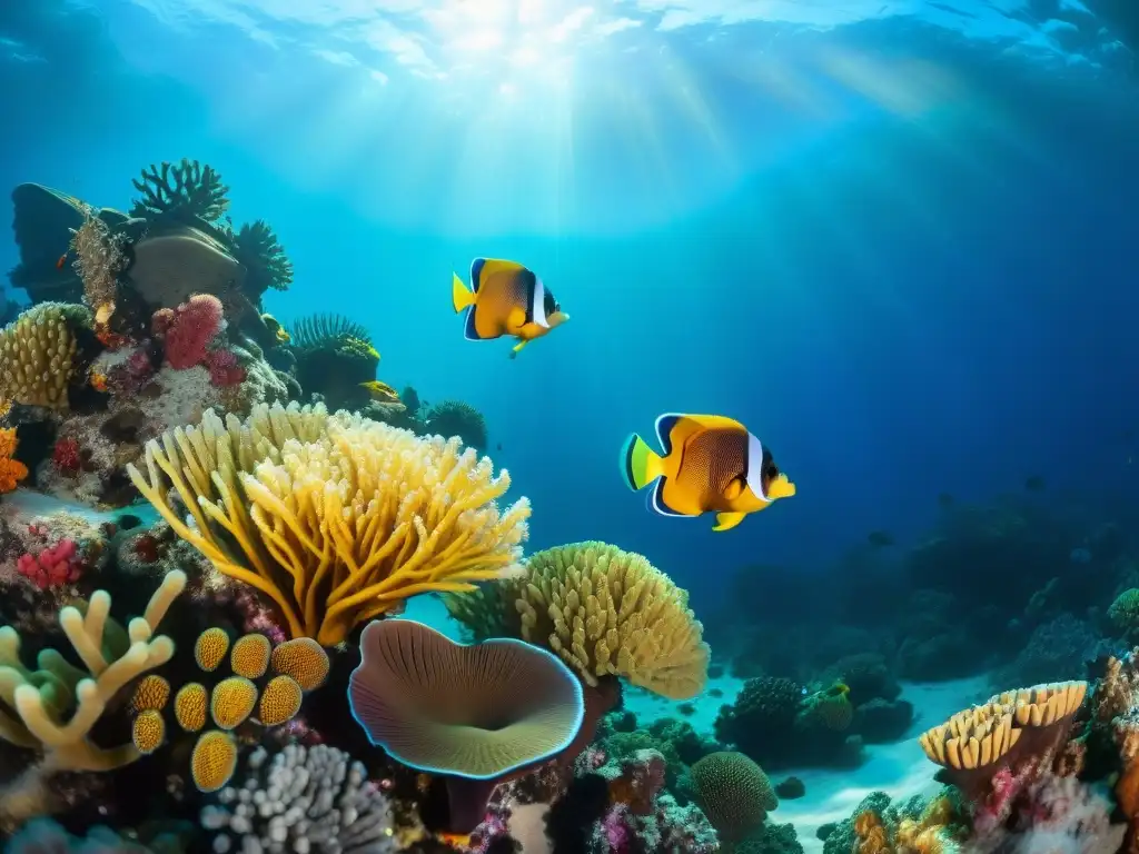 Arrecife de coral vibrante: peces exóticos en un mundo submarino Espectacular arrecife de coral con peces de agua salada: angelfish, pez payaso y pez león entre corales multicolores