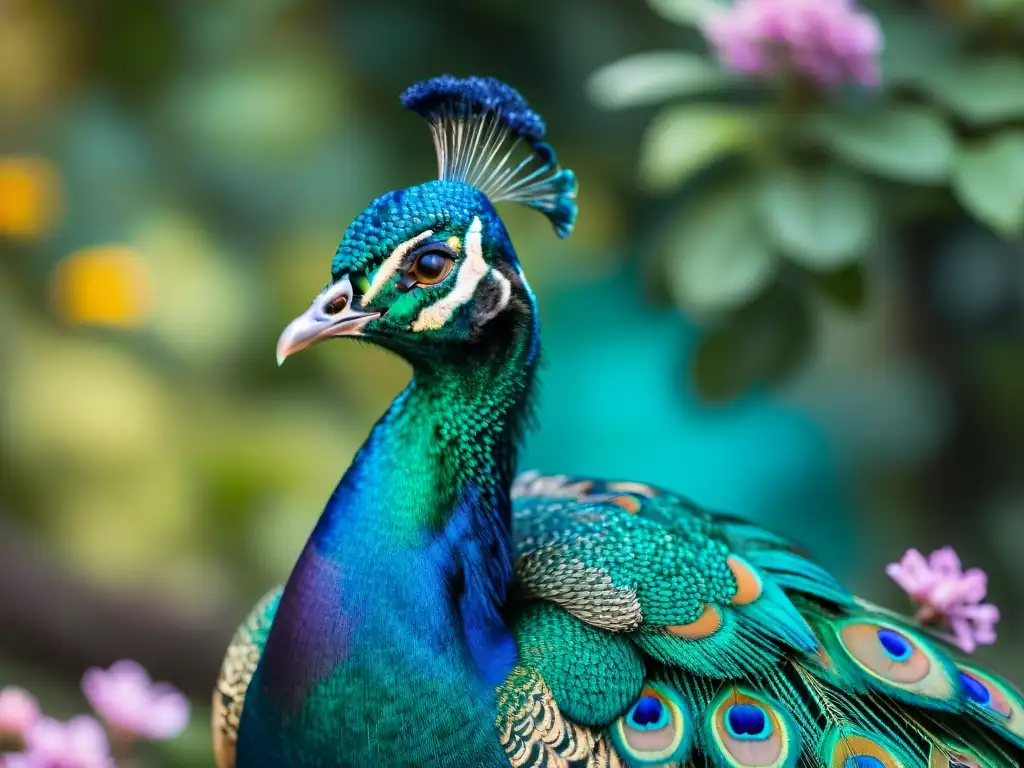 Esplendoroso pavo real con plumaje iridiscente en jardín exótico Espléndido pavo real exótico en rama verde, plumaje iridiscente en tonos de turquesa, violeta y oro bajo la luz solar, rodeado de un jardín exótico borroso