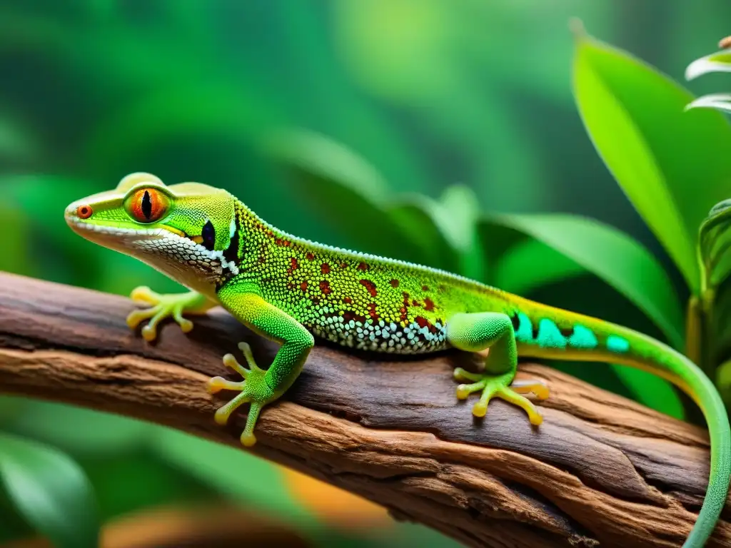 Gecko exótico en terrario tropical: texturas y colores vibrantes Un gecko exótico de escamas intrincadas en un terrario tropical, con alimentación viva para geckos exóticos