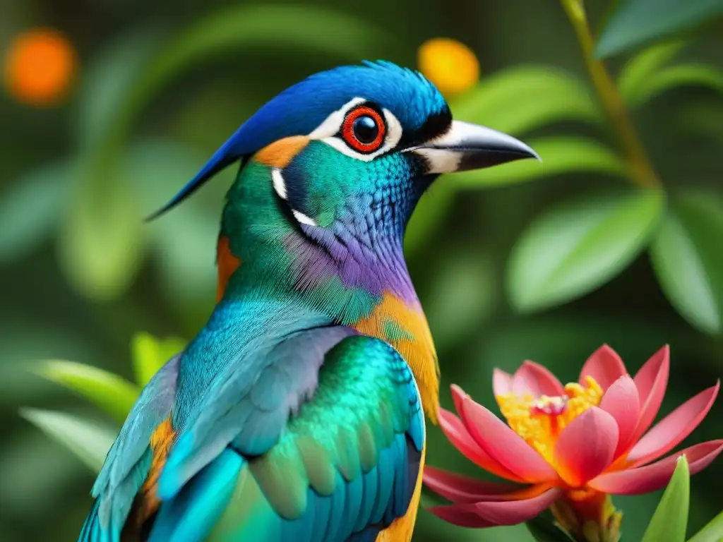 Exótico ave vibrante en la naturaleza exuberante Un exótico pájaro vibrante posado en una rama verde rodeado de flores tropicales, destacando sus plumas iridiscentes bajo la luz del sol