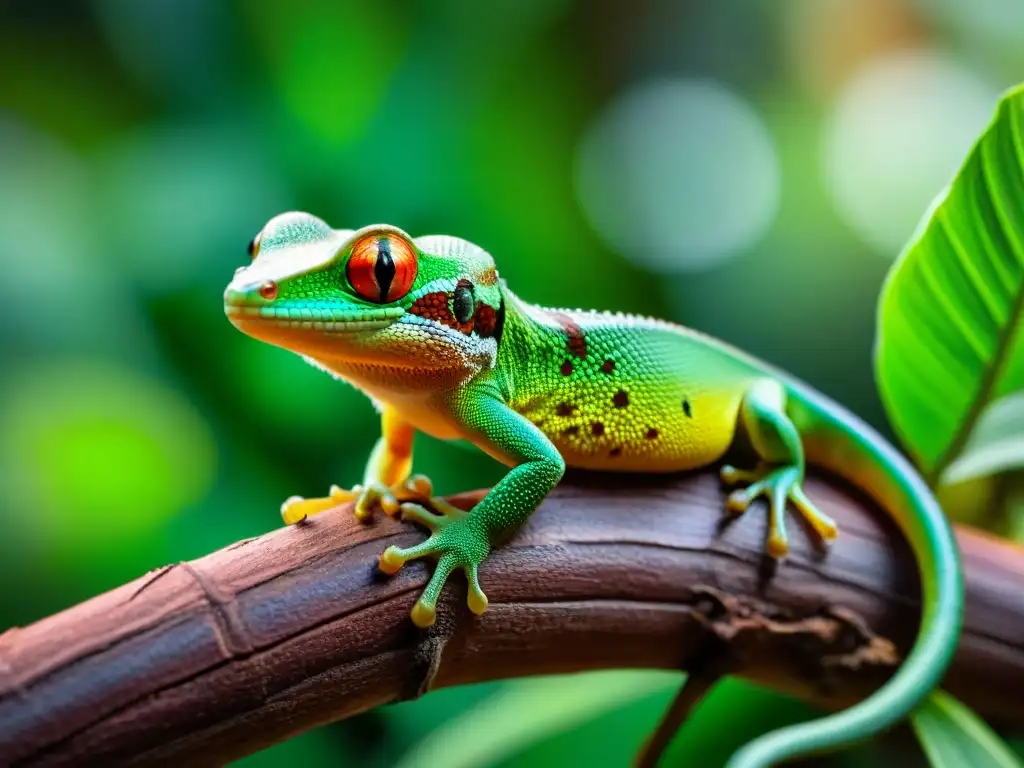 Gecko verde vibrante en exuberante entorno natural Un gecko exótico en una rama rodeado de exuberante vegetación, con escamas vibrantes al sol