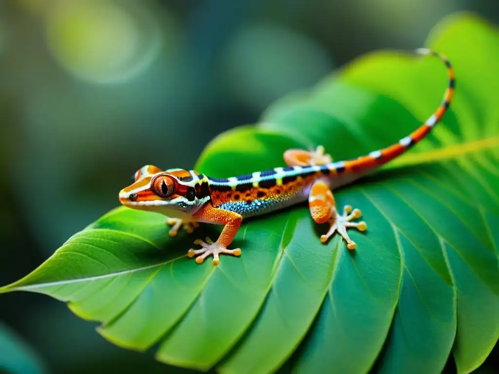 Gecko exótico vibrante en hoja verde, detalle ultrafino Un gecko exótico vibrante en una hoja verde, bajo la luz cálida del bosque