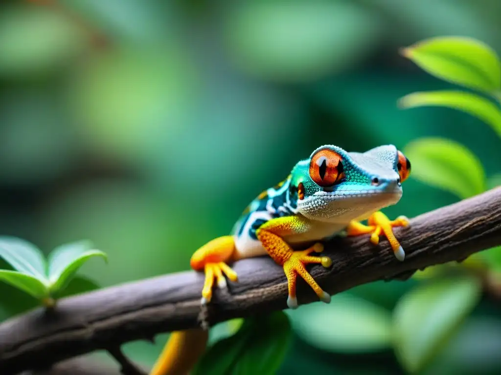 Gecko exótico vibrante en su hábitat natural Gecko exótico vibrante en rama, detallado y colorido, en terrario con follaje