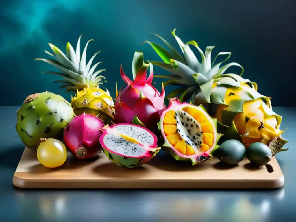 Exótica variedad de frutas y vegetales frescos en tabla de corte Una exquisita selección de frutas y verduras exóticas sobre tabla de cortar, resaltando frescura y calidad