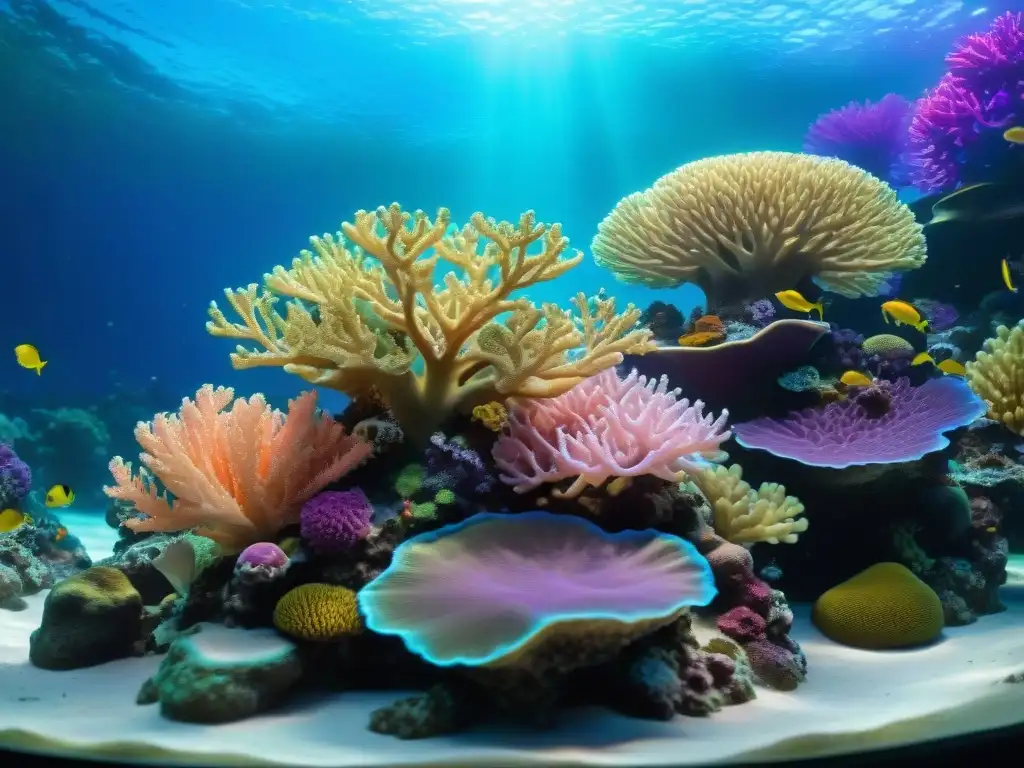 Arrecife de coral vibrante: belleza submarina en detalle Un exquisito arrecife de coral en un acuario, con corales de colores variados y peces nadando
