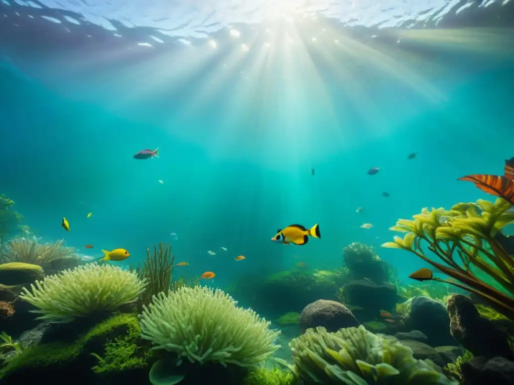 Escena acuática exótica de reproducción de peces vibrantes en 8k Un exquisito paisaje submarino en una instalación de reproducción de peces exóticos en agua dulce