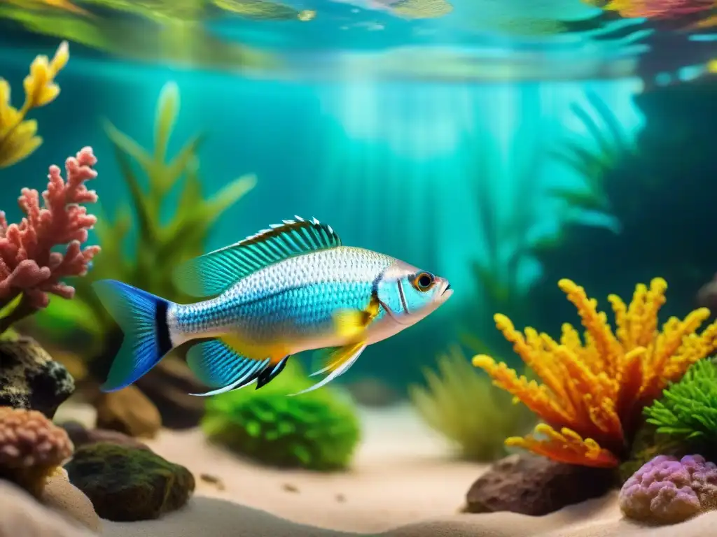 Acuario de agua dulce: Exótica diversidad de peces en escena vibrante Un exuberante acuario de agua dulce con peces exóticos nadando entre corales coloridos y plantas acuáticas
