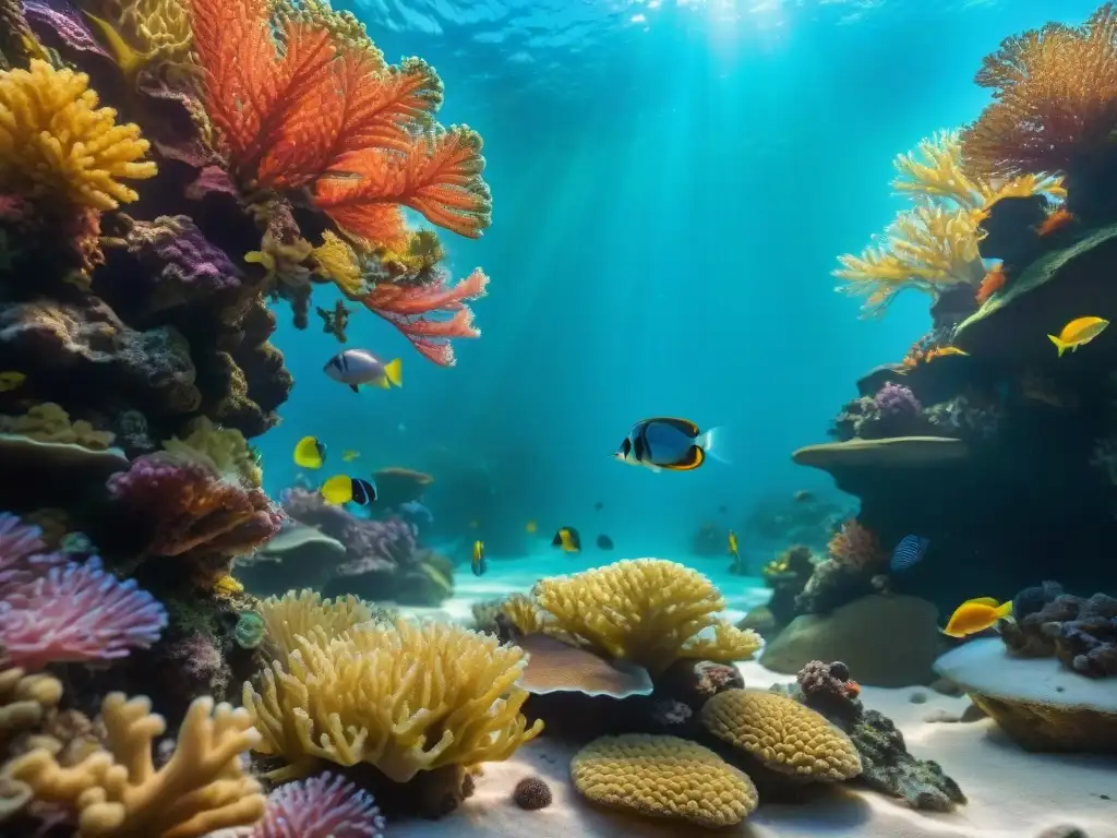 Escena submarina exótica: detalle vibrante de peces y corales Un exuberante acuario de arrecife de coral tropical con peces exóticos, corales coloridos y una atmósfera vibrante