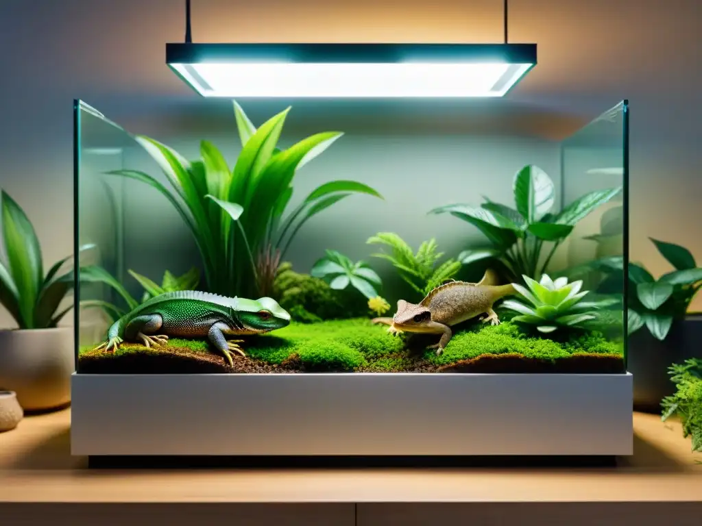 Hábitat exuberante con alimentos premium para reptiles, transmitiendo tranquilidad y belleza natural
