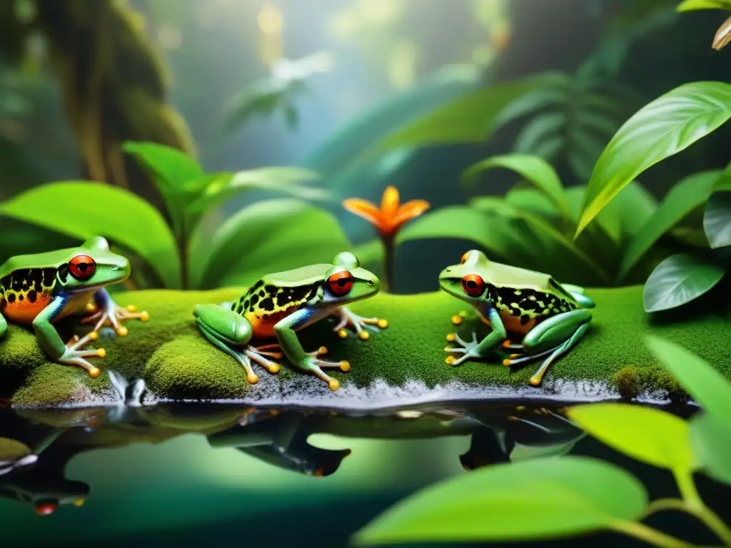 Un exuberante bosque tropical con arroyo cristalino y ranas exóticas en su hábitat natural
