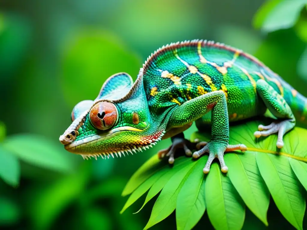 Camaleones en Selva Tropical: Adaptación y Colorido Un exuberante bosque tropical con camaleones coloridos camuflados en hojas verdes vibrantes, mostrando técnicas de hidratación naturales
