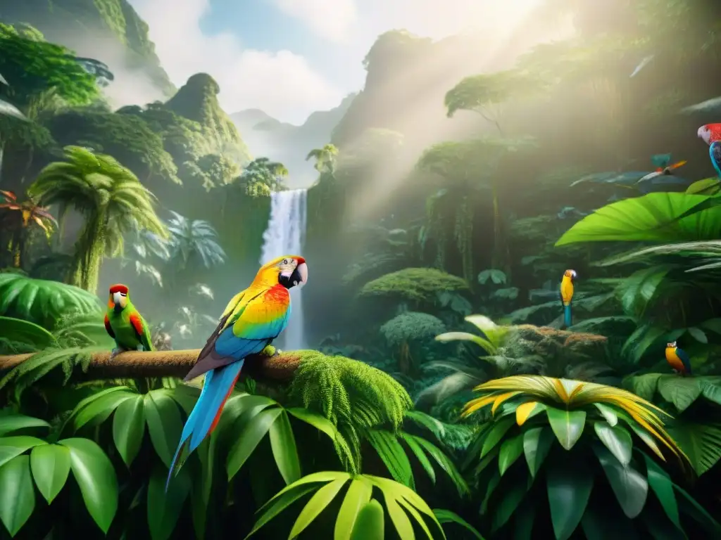Jungla exuberante: fauna y flora en alta definición Un exuberante bosque tropical rebosante de animales exóticos, resaltando la alimentación premium para mascotas exóticas