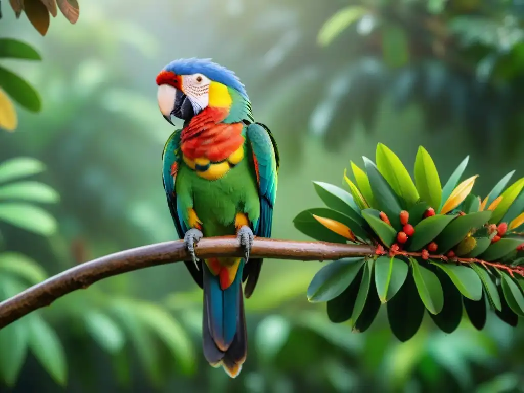 Esplendor tropical: bandada de Psitaciformes en la selva Un exuberante y colorido grupo de Psitaciformes en la selva tropical