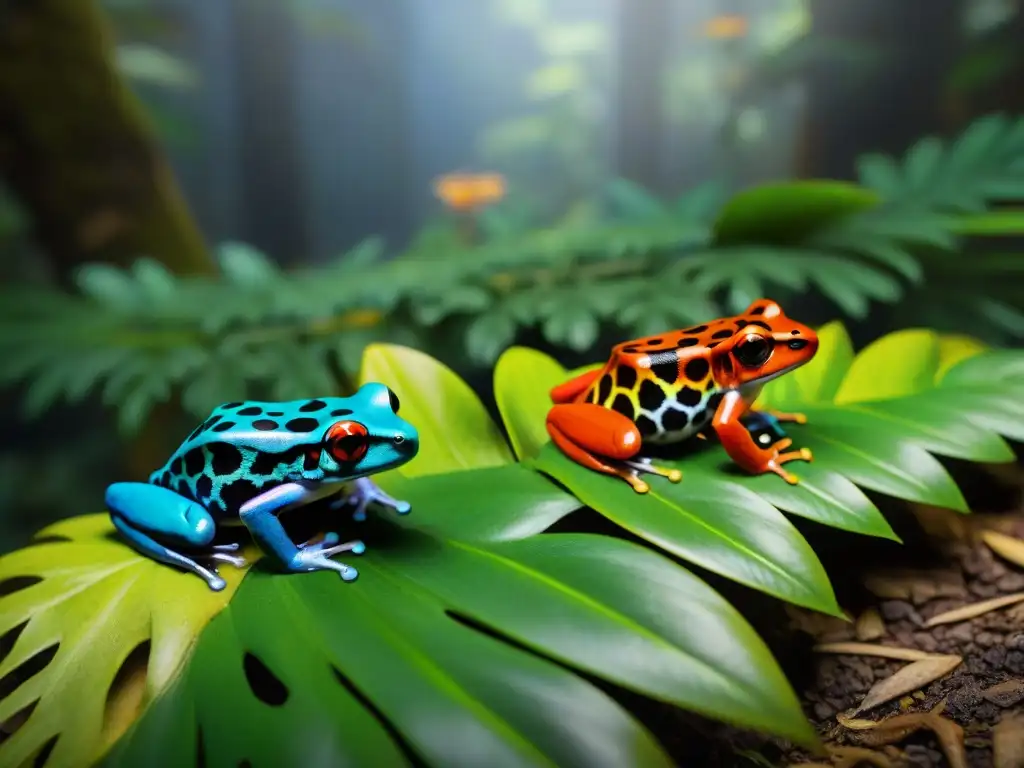 Belleza venenosa: La colorida vida de ranas flecha en la selva tropical Una exuberante escena de selva tropical con ranas venenosas en la cultura, revelando colores y patrones asombrosos