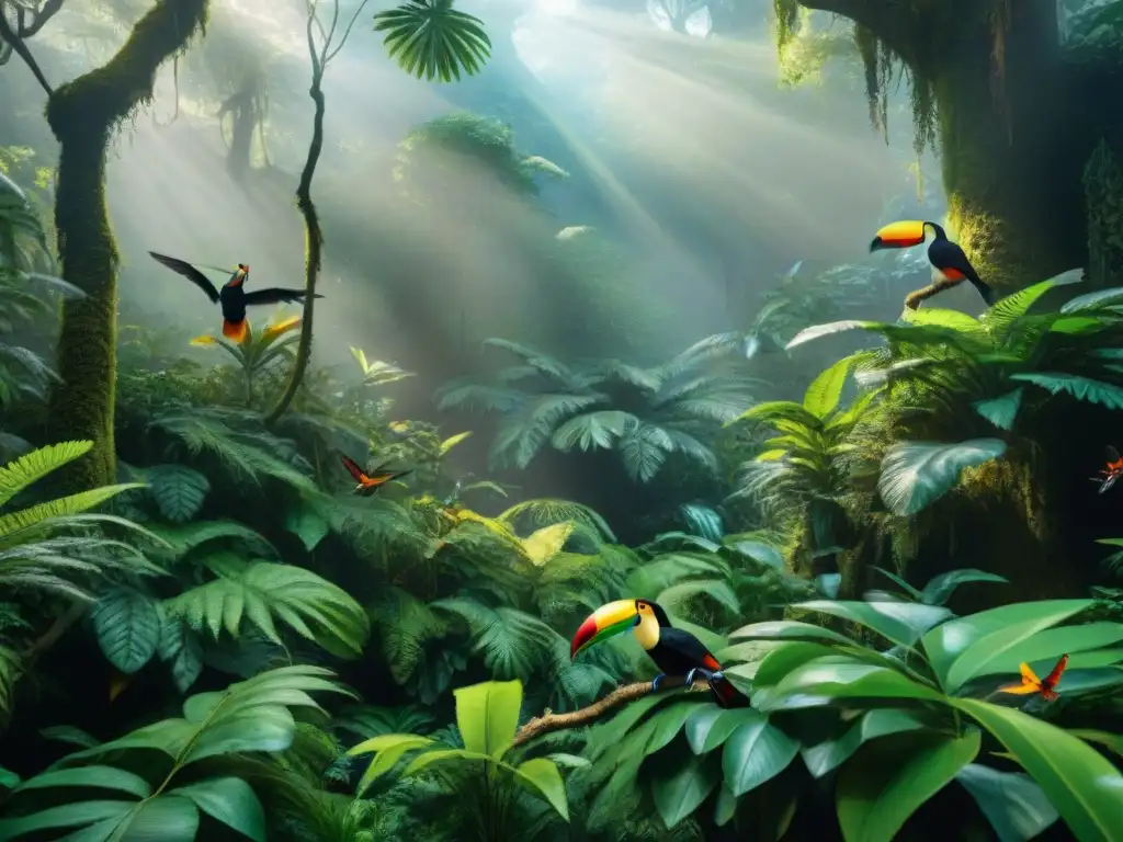 Un exuberante escenario de la selva con animales exóticos coexistiendo en armonía