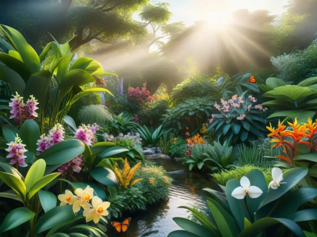 Jardín exótico: mariposas y flores vibrantes Un jardín exuberante con flores exóticas y mariposas coloridas