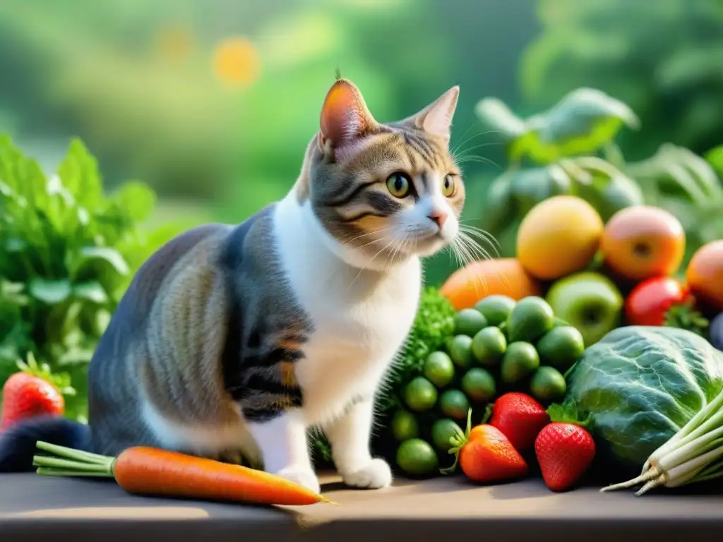 Jardín saludable para mascotas: frutas y verduras vibrantes Un jardín exuberante con frutas y verduras vibrantes, donde mascotas saludables disfrutan de la nutrición ortomolecular