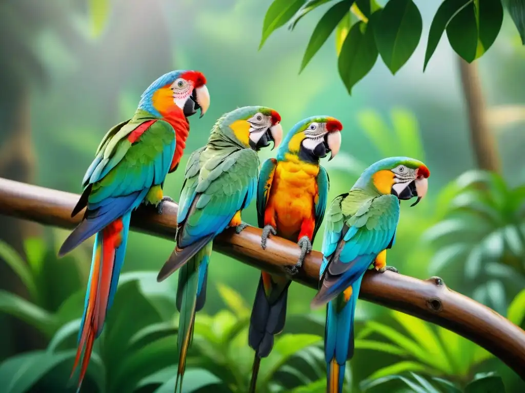 Espléndida diversidad de loros en la selva tropical Un exuberante grupo de loros coloridos en la selva tropical, interactuando y mostrando sus vibrantes plumajes