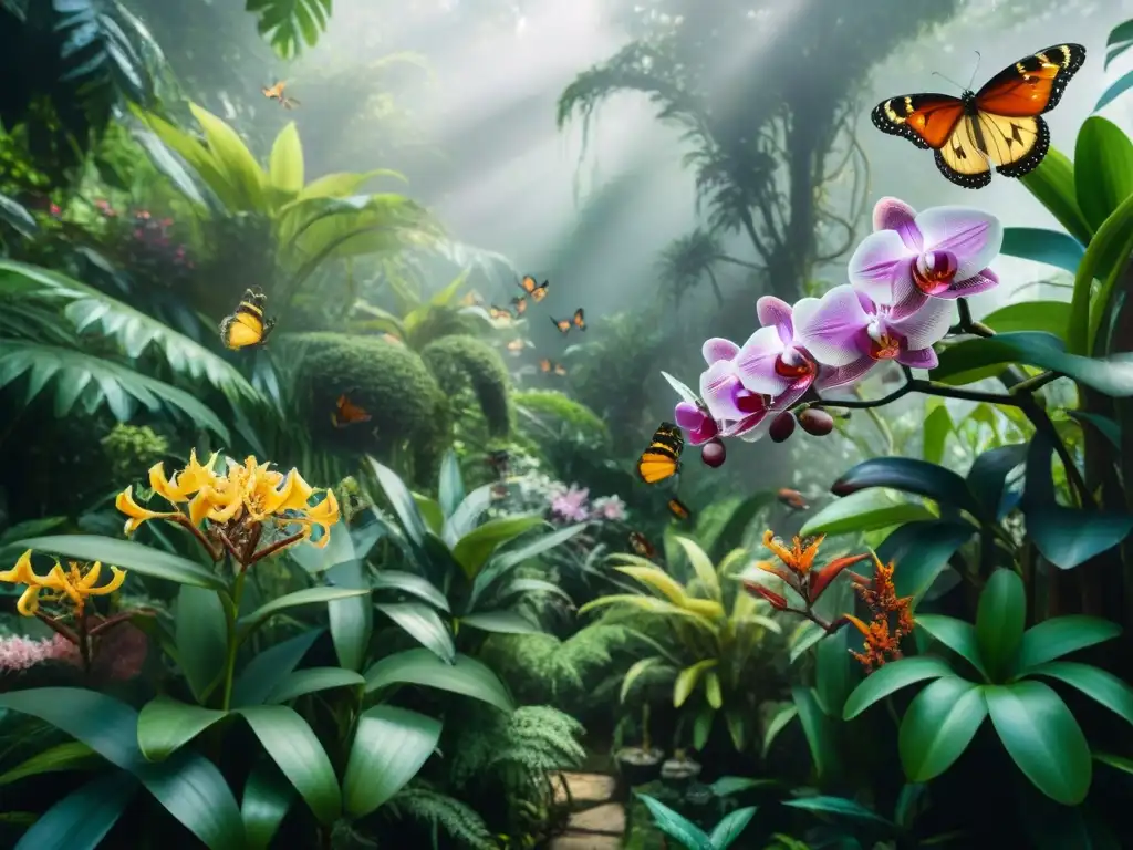 Jardín exótico: mariposas y flores vibrantes Un jardín exuberante lleno de flores exóticas y mariposas, ideal para atraer mariposas exóticas
