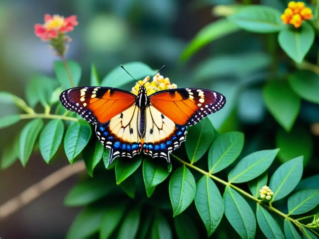 Jardín exótico: flores vibrantes y mariposas en un oasis de color Un jardín exuberante con mariposas exóticas y plantas para atraer mariposas exóticas