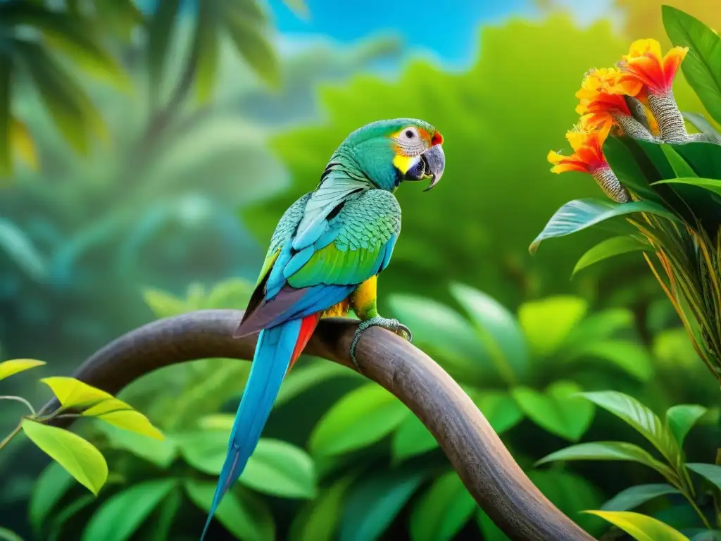Armonía animal: exóticas mascotas en jardín tropical Un jardín exuberante donde conviven armoniosamente mascotas exóticas