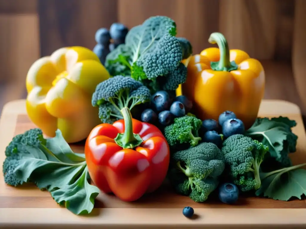 Vegetales y frutas frescos: composición vibrante y saludable Una exuberante selección de vegetales y frutas premium en tabla de madera, transmitiendo frescura y valor nutricional