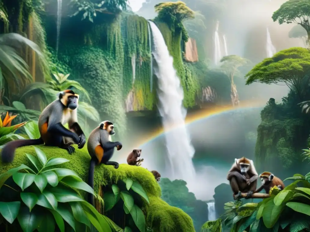 Jungla tropical: armonía entre primates exóticos Una exuberante selva tropical con primates exóticos en armonía