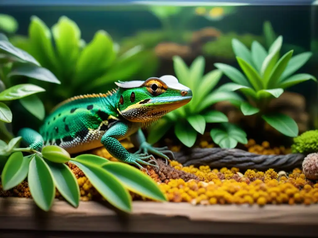 Un exuberante terrario lleno de plantas verdes vibrantes, insectos coloridos y un reptil disfrutando de alimentos premium